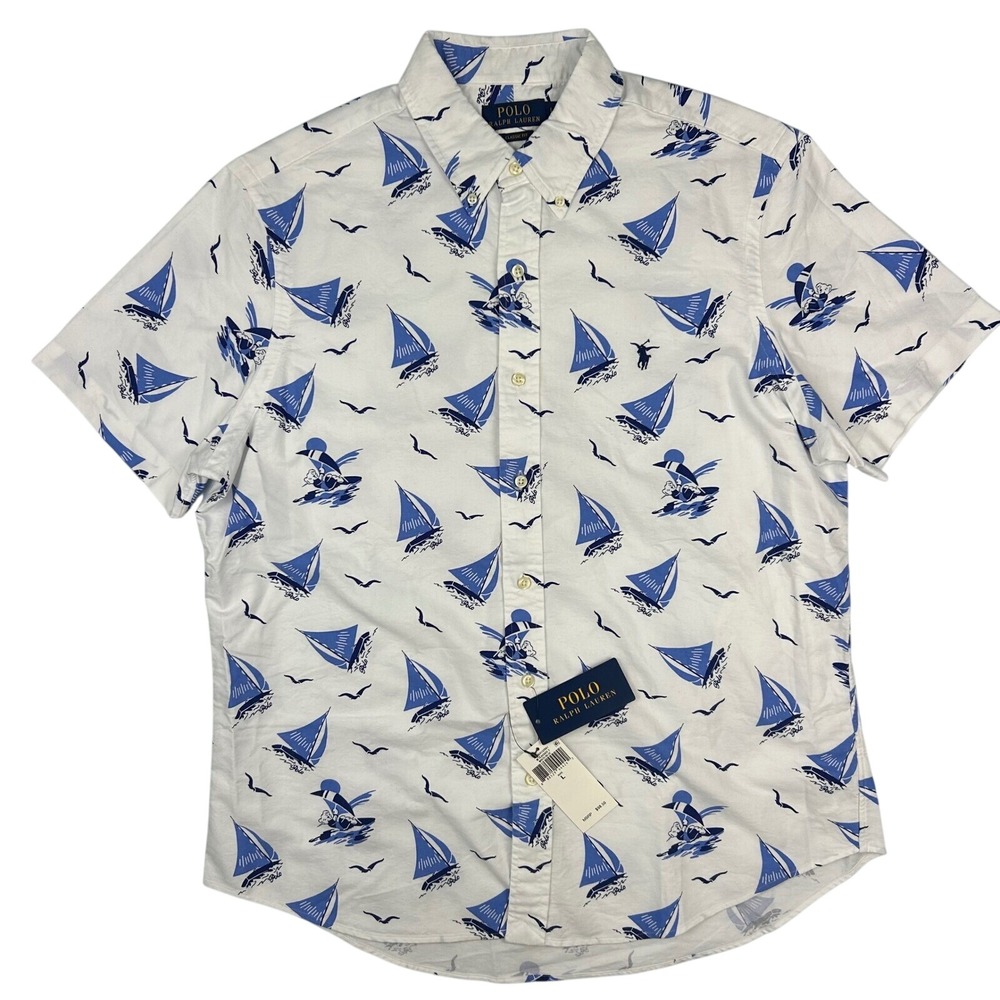 Polo Ralph Lauren Men L White Blue Sailboat Bear Print Short Sleeve Button Shirt
